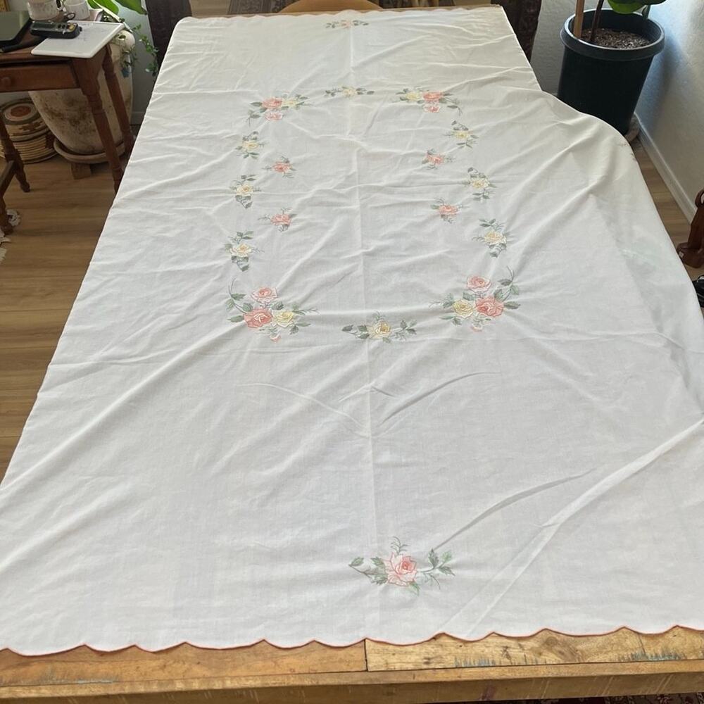Vintage Embroidered Pastel Floral Cotton Blend Tablecloth 61" x 81"